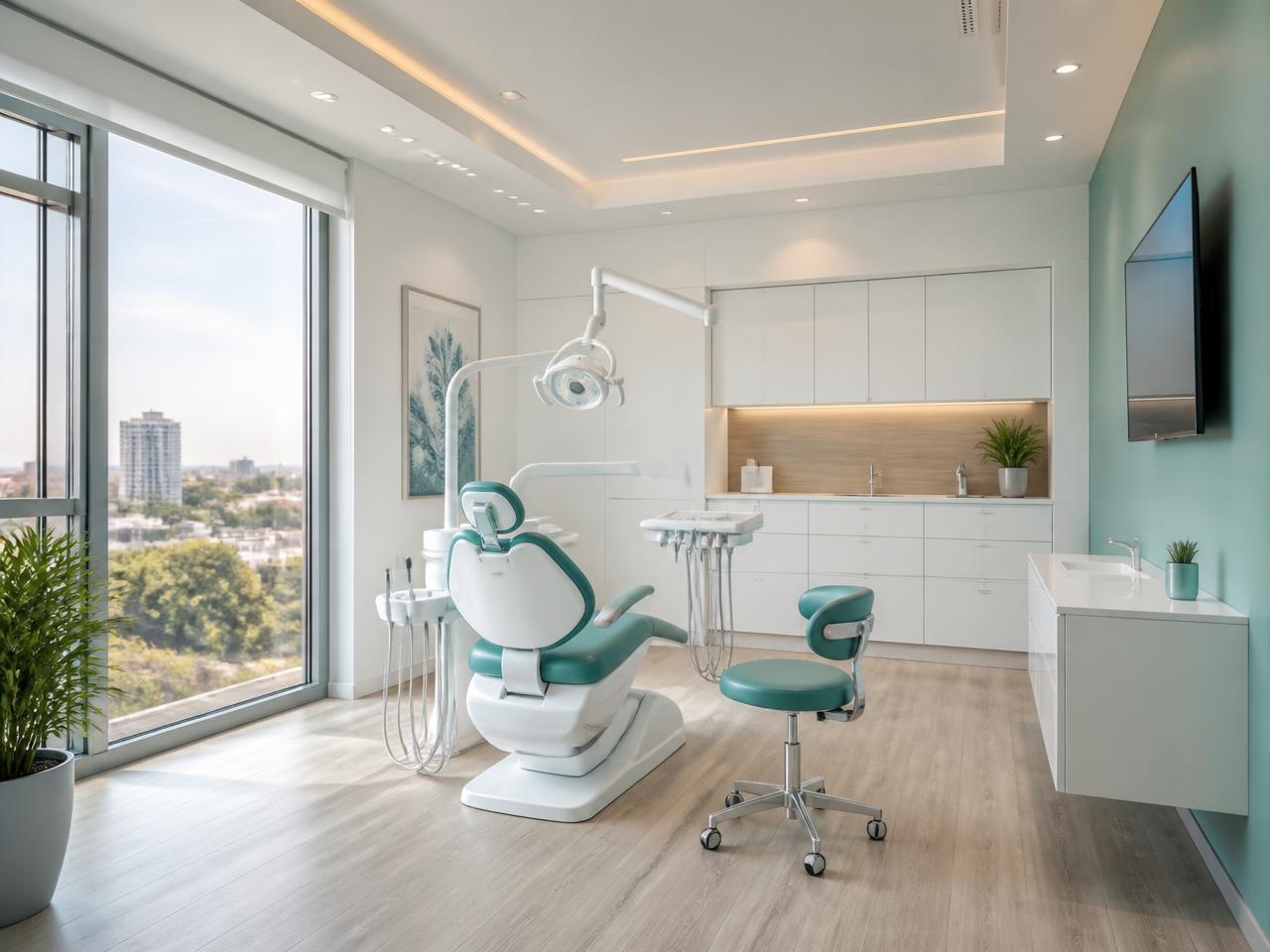 Modern dental practice treatment room with a patient chair and clinical equipment